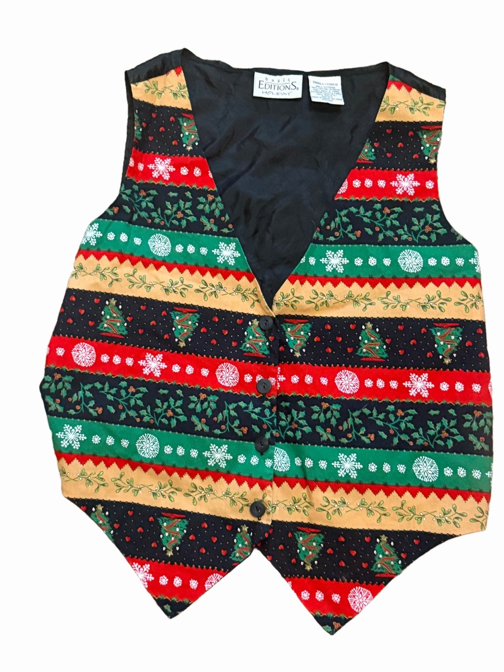 Basic Editions Holiday Vintage Christmas Vest Black Red Green Small 1990s